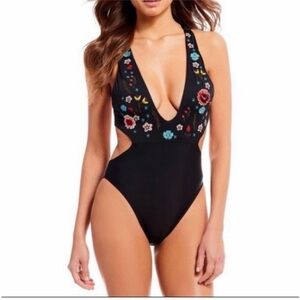 Floral Embroidered Black One-Piece Swimsuit